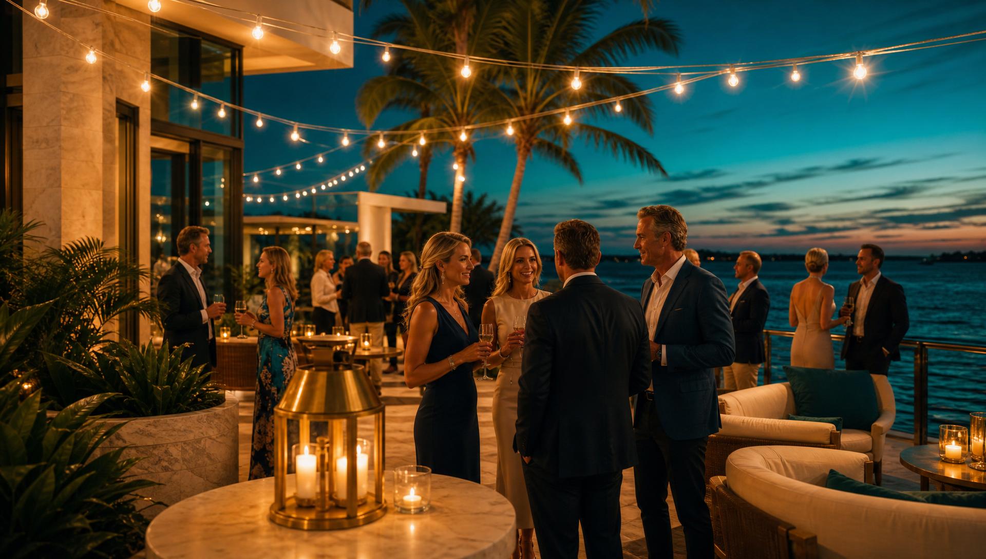 Oceanfront villa terrace at golden hour in Southwest Florida
